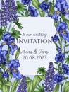 Vector invitation template blooming purple and blue garden